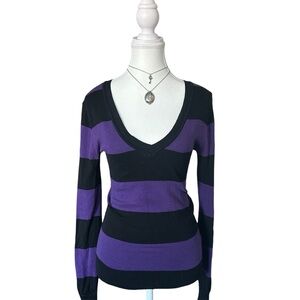 Y2K “SWS” Purple and Black Stripe Knit V-Neck Long Sleeve Top